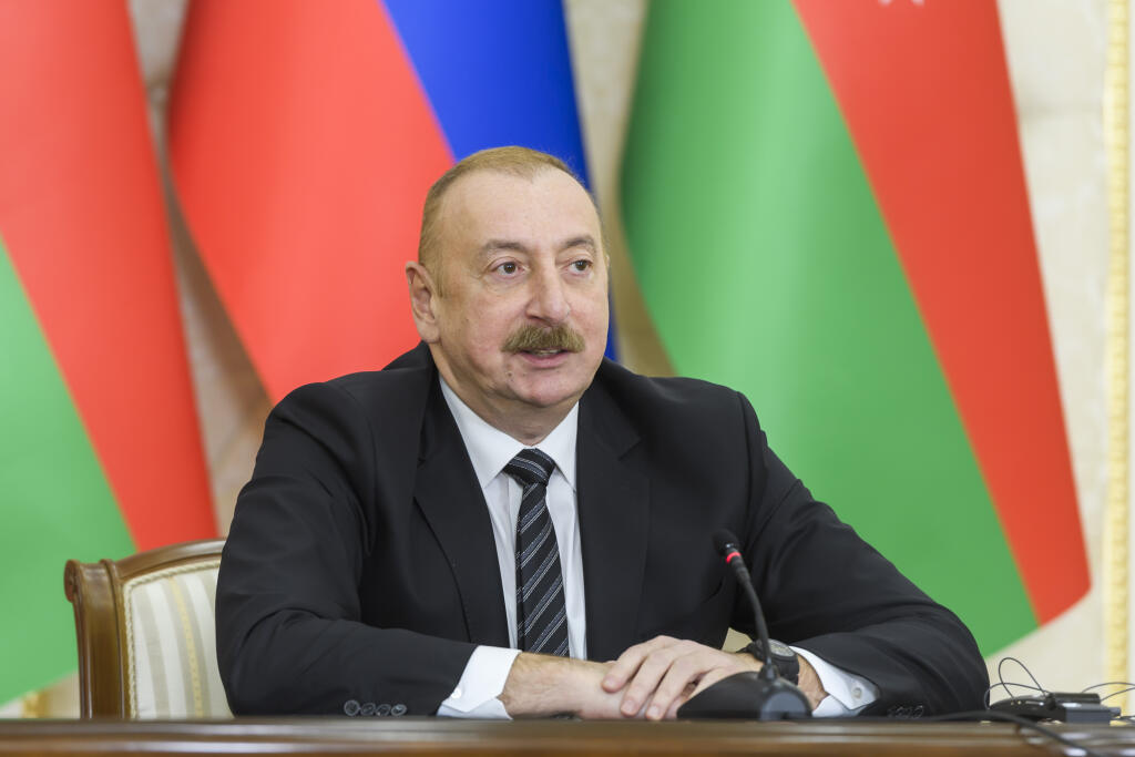 Na snímke prezident Azerbajdžanu Ilham Alijev počas tlačovej konferencie po rokovaní s predsedom vlády SR Robertom Ficom (Smer-SD) v Baku 7. mája 2024. FOTO TASR - Jaroslav Novák