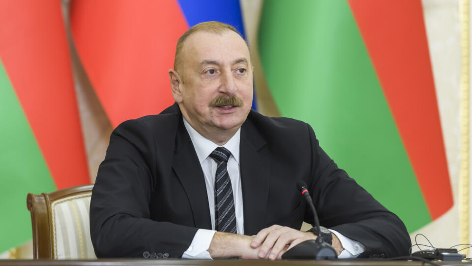 Na snímke prezident Azerbajdžanu Ilham Alijev počas tlačovej konferencie po rokovaní s predsedom vlády SR Robertom Ficom (Smer-SD) v Baku 7. mája 2024. FOTO TASR - Jaroslav Novák