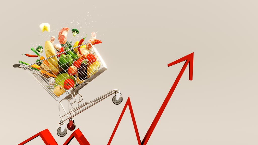 Food,Cost,Rising,Concept.,Shopping,Cart,Full,Of,Groceries,And