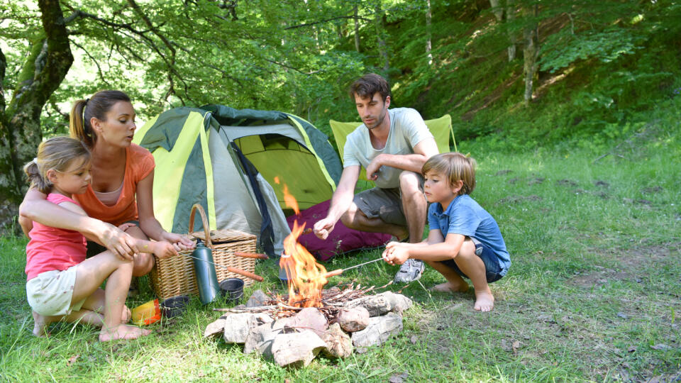 Family,Camping,And,Cooking,Sausages,In,Campfire