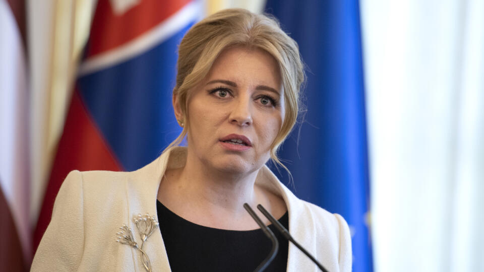 Na snímke prezidentka SR Zuzana Čaputová počas  tlačovej konferencie s lotyšským prezidentom Egilsom Levitsom v Prezidentskom paláci 28. marca 2022 v Bratislave. FOTO TASR - Pavel Neubauer



 
