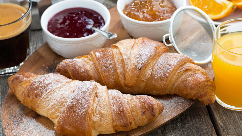 Delicious,Breakfast,With,Fresh,Croissants,On,Wooden,Table,,Close-up,,Horizontal