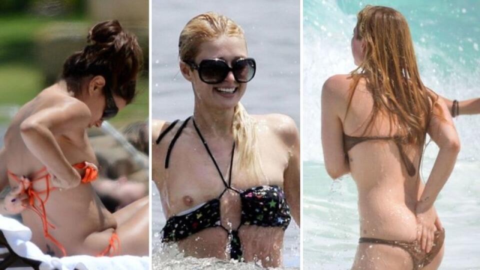 Eva Longoria, Paris Hilton i Avril Lavigne zápasili pri mori s nešikovnými plavkami.