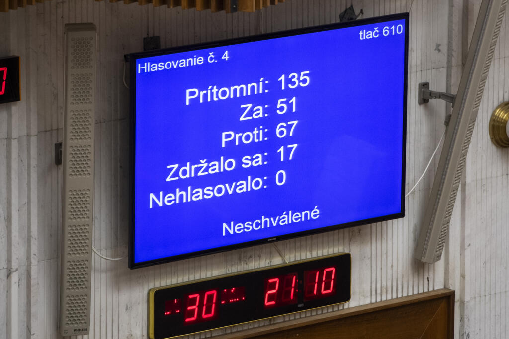 Na snímke tabuľa s neschváleným návrhom po hlasovaní na 34. schôdzi NR SR o vyslovení  nedôvery podpredsedovi vlády a ministrovi financií SR Igorovi Matovičovi (OĽaNO) v Bratislave 30. júna 2021. FOTO TASR - Jaroslav Novák