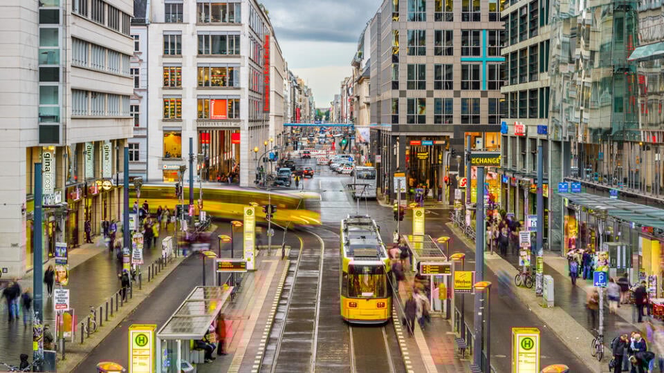 BERLIN - SEPTEMBER 16: Friedrichstrasse Shopping Street September 16, 2013 in Berlin, Germany. Thou once bisected by the Berlin Wall, the area has been rejuvenated since the early 1990's.