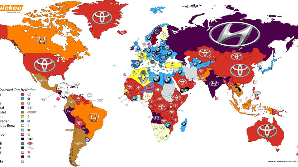 Mapa najvyhľadávanejších automobilových značiek sveta.