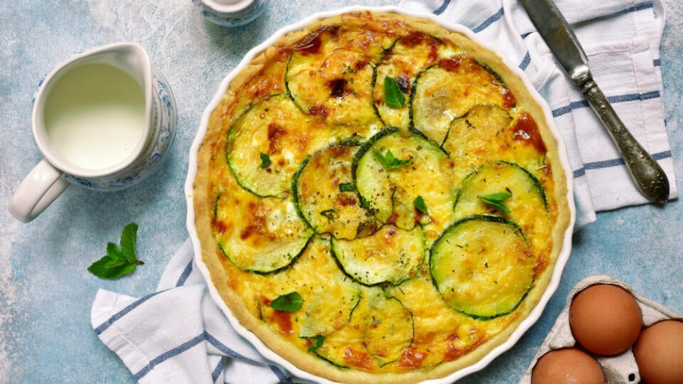 Delicious,Summer,Quiche,With,Zucchini,In,A,Baking,Dish,Over