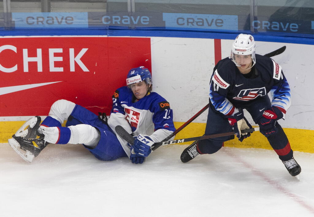 Americký hokejista Brock Faber (11) a slovenský hokejista Rayen Petrovický (12) vo štvrťfinále MSJ USA 20 - Slovensko 20, v kanadskom Edmontone 2. januára 2021.