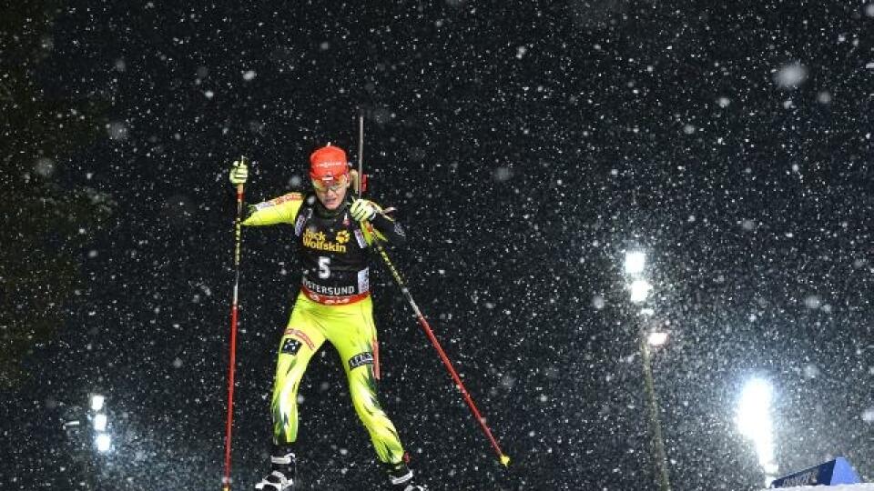 Jana Gerekova, Slovakia skies during the women's 15 km individual Biathlon World Cup event in Ostersund, Sweden Thursday Nov. 29, 2012. (AP Photo/Anders Wiklund)  SWEDEN OUT