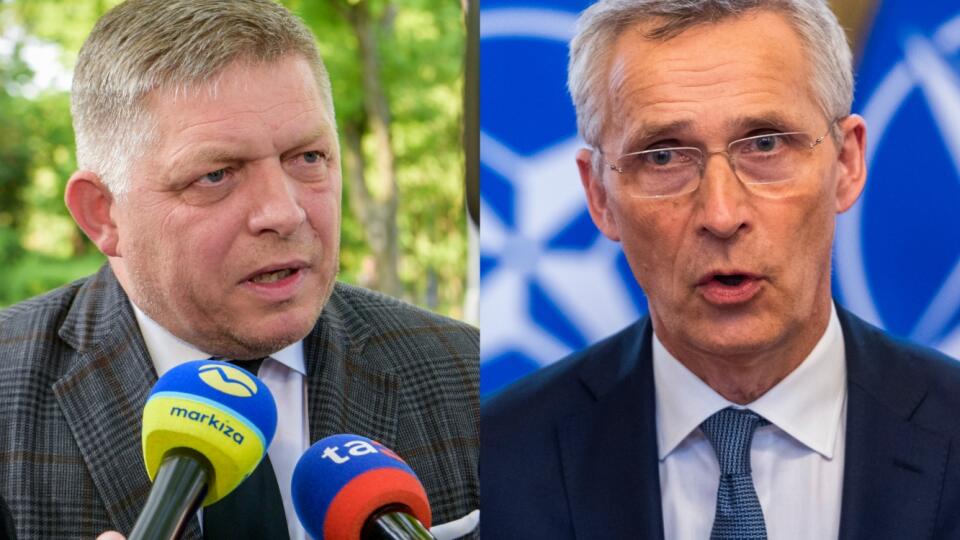 Na kombosnímke zľava šéf Smeru Robert Fico a generálny tajomník NATO Jens Stoltenberg.