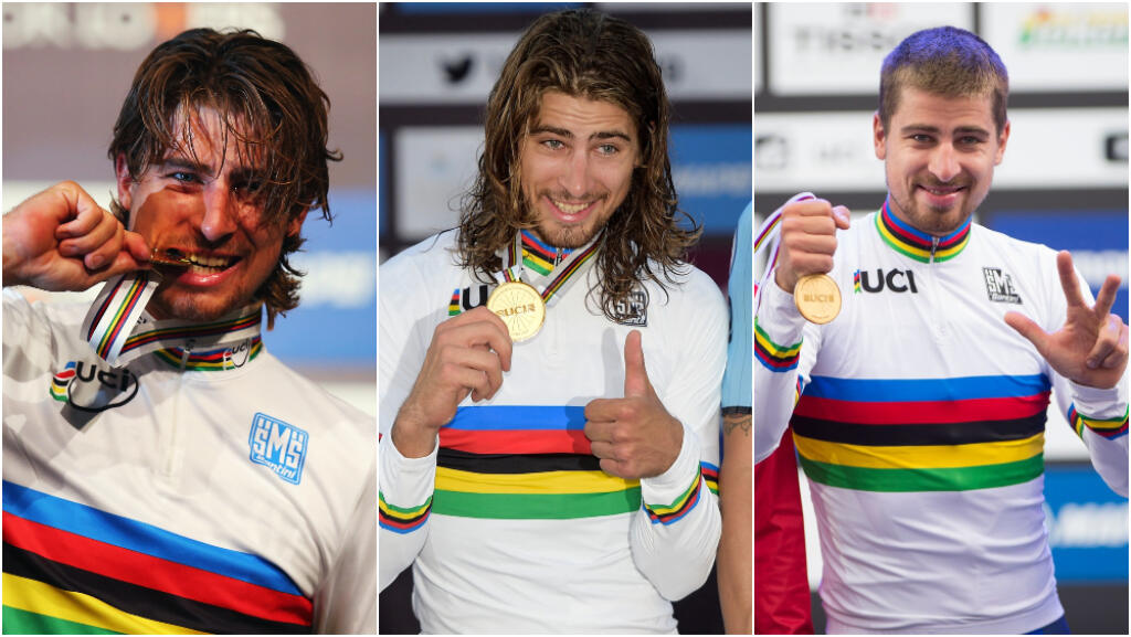 Peter Sagan po tituloch v Richmonde (2015), Dauhe (2016) a Bergene (2017).