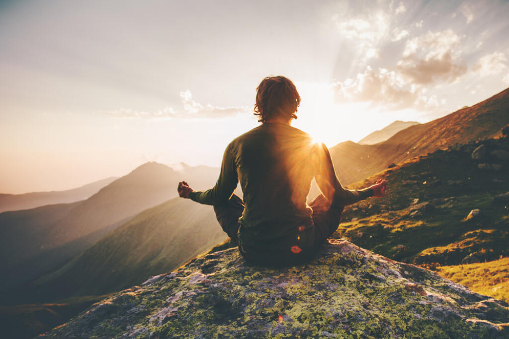 Man,Meditating,Yoga,At,Sunset,Mountains,Travel,Lifestyle,Relaxation,Emotional