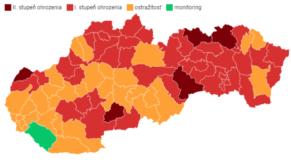 Na novej mape okresov ostal už len posledný zelený okres - Dunajská Streda.