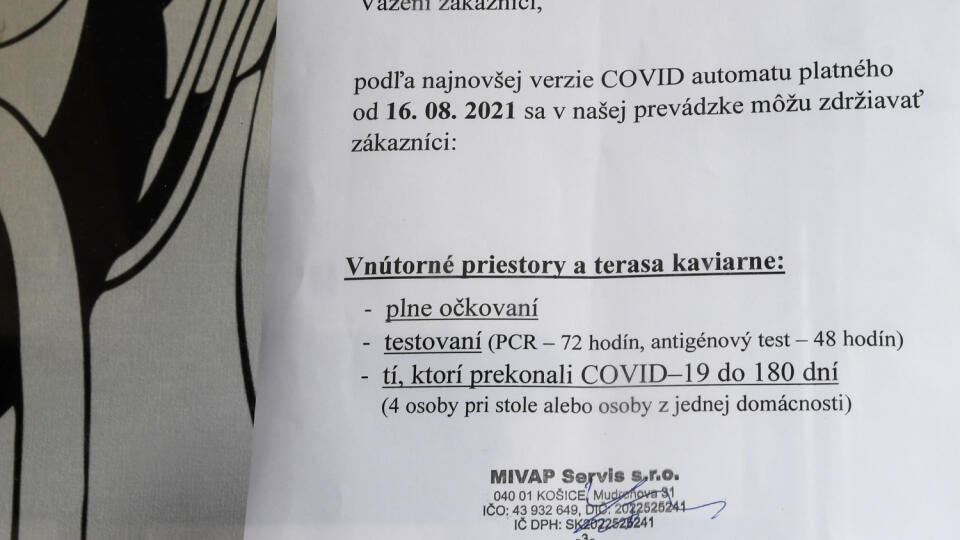 Prevádzky nemusia hlásiť, aký režim pre vstup návštevníkov zvolili. Musia však v priestoroch vyznačiť, ktorý režim platí a následne ho dodržiavať. Jednotlivé režimy môžu prevádzky striedať, ich trvanie nie je stanovené. Od pondelka 16. augusta 2021 je podľa nového COVID automatu v stupni ostražitosti deväť okresov. Ide o okresy Gelnica, Košice I.-IV., Košice-okolie, Poprad, Spišská Nová Ves a Stará Ľubovňa. Na Hlavnej ulici v Košiciach mnohé prevádzky v pondelok 16. augusta 2021 mali požadované 