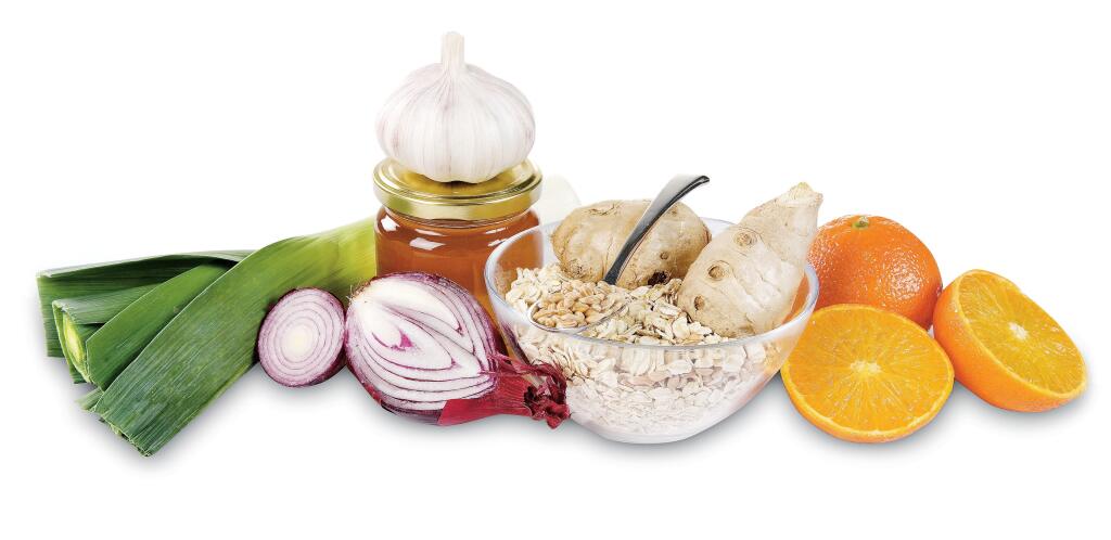 Prebiotiká, cibuľa, cesnak, pomaranč, zázvor, müsli, med.
