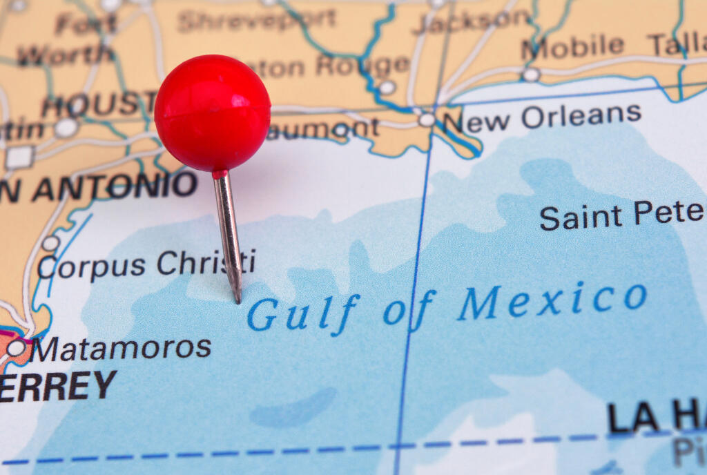 Gulf,Of,Mexico,Marked,On,Map,With,Red,Pin