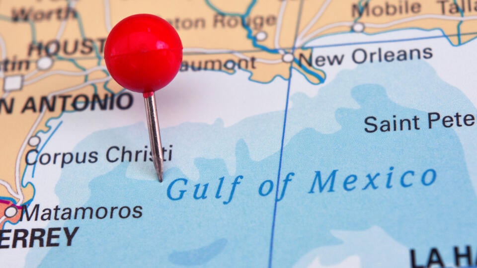 Gulf,Of,Mexico,Marked,On,Map,With,Red,Pin