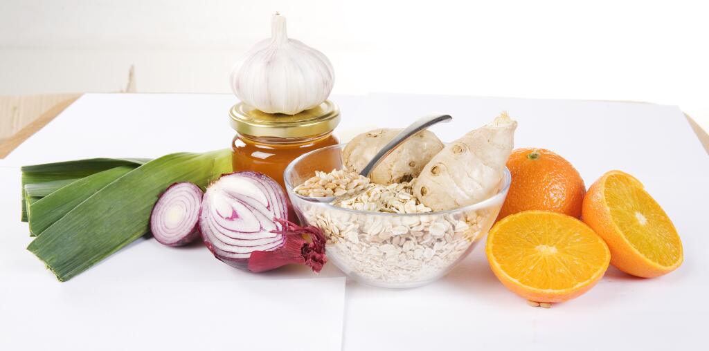 Prebiotiká, cibuľa, cesnak, pomaranč, zázvor, müsli, med.
