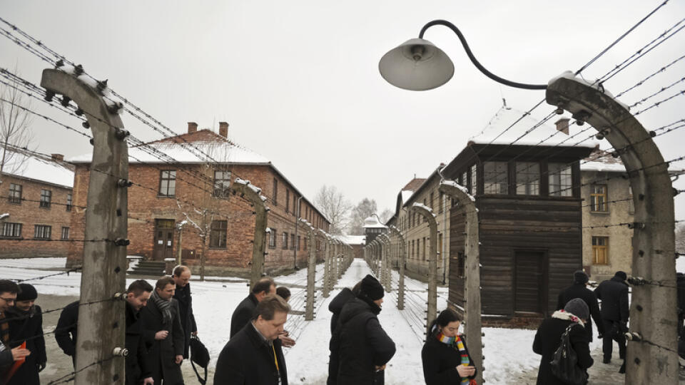 Návštevníci v koncentrančnom tábore Auschwitz v poľskom Osvienčime 2015 pri príležitosti 70. výročia jeho oslobodenia.