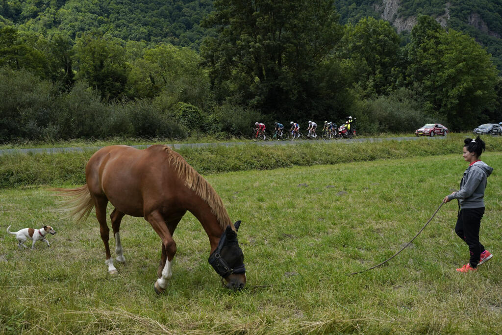 KK20 Col du Portet - Na snímke v popredí Sabrina na prechádzke so svojím koňom v pozadí cyklisti počas 17. etapy cyklistických pretekov Tour de France z Muretu do Col du Portet (178 km) 14. júla 2021. FOTO TASR/AP
Sabrina walks her horse Bolshoi as the breakaway group, rear, passes during the seventeenth stage of the Tour de France cycling race over 178.4 kilometers (110.9 miles) with start in Muret and finish in Saint-Lary-Soulan Col du Portet, France, Wednesday, July 14, 2021. (AP Photo/Daniel