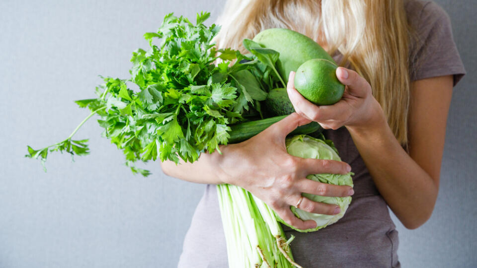 Womanâ€™s,Body,Closeup,Holding,Fresh,Green,Vegetables,And,Fruits,On