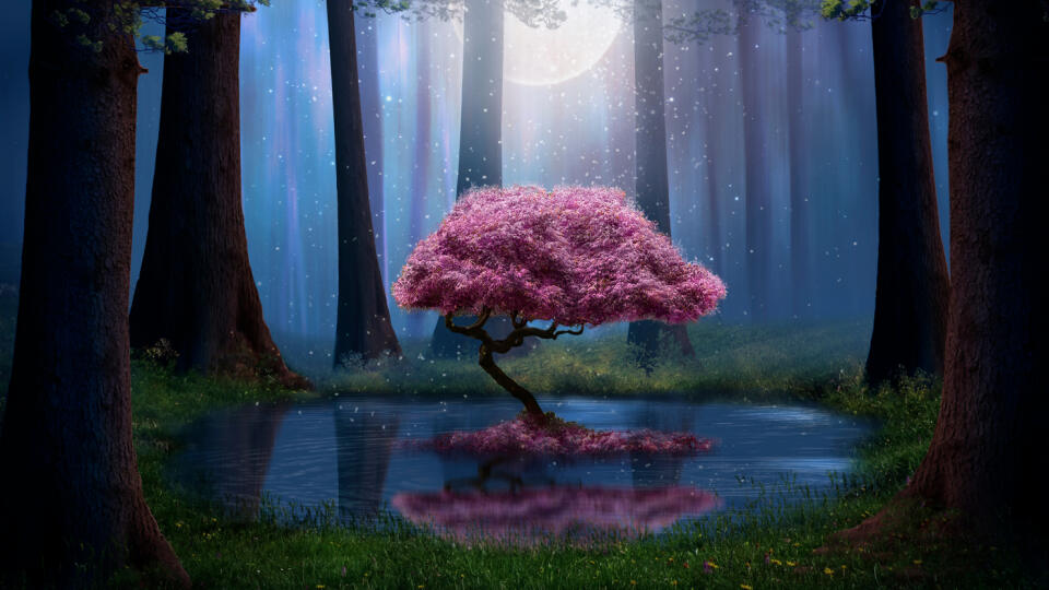 Pink,Tree,And,Pond,In,The,Forest,At,Night.,Photomanipulation.