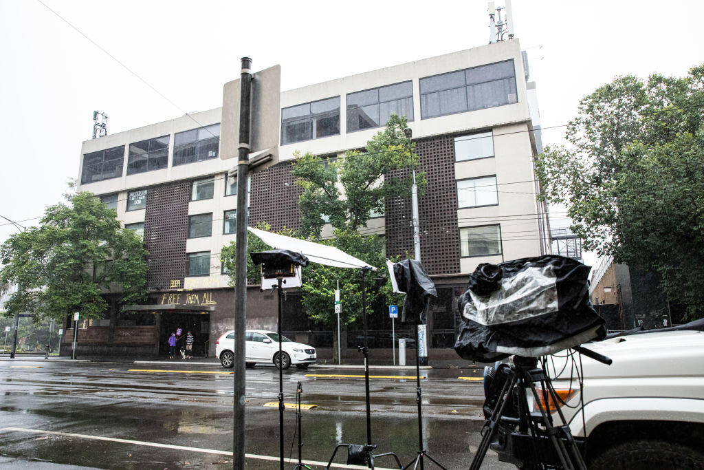 MELBOURNE, AUSTRALIA - JANUARY 08: A general view outside Park Hotel where tennis player Novak Djokovic remains on January 08, 2022 in Melbourne, Australia. Djokovic arrived in Melbourne to play in the upcoming Australian Open and was denied entry to Australia due to his inability to meet Australian entry requirements. He is currently in an immigration detention hotel awaiting a hearing challenging his deportation. (Photo by Diego Fedele/Getty Images)