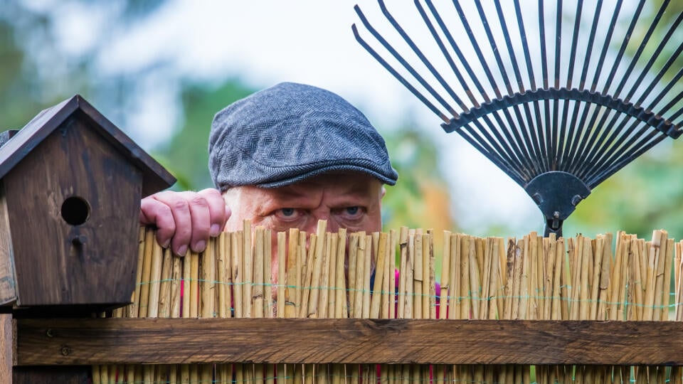 An,Evil,,Aggressive,Man,Watches,His,Neighborhood,Over,The,Garden