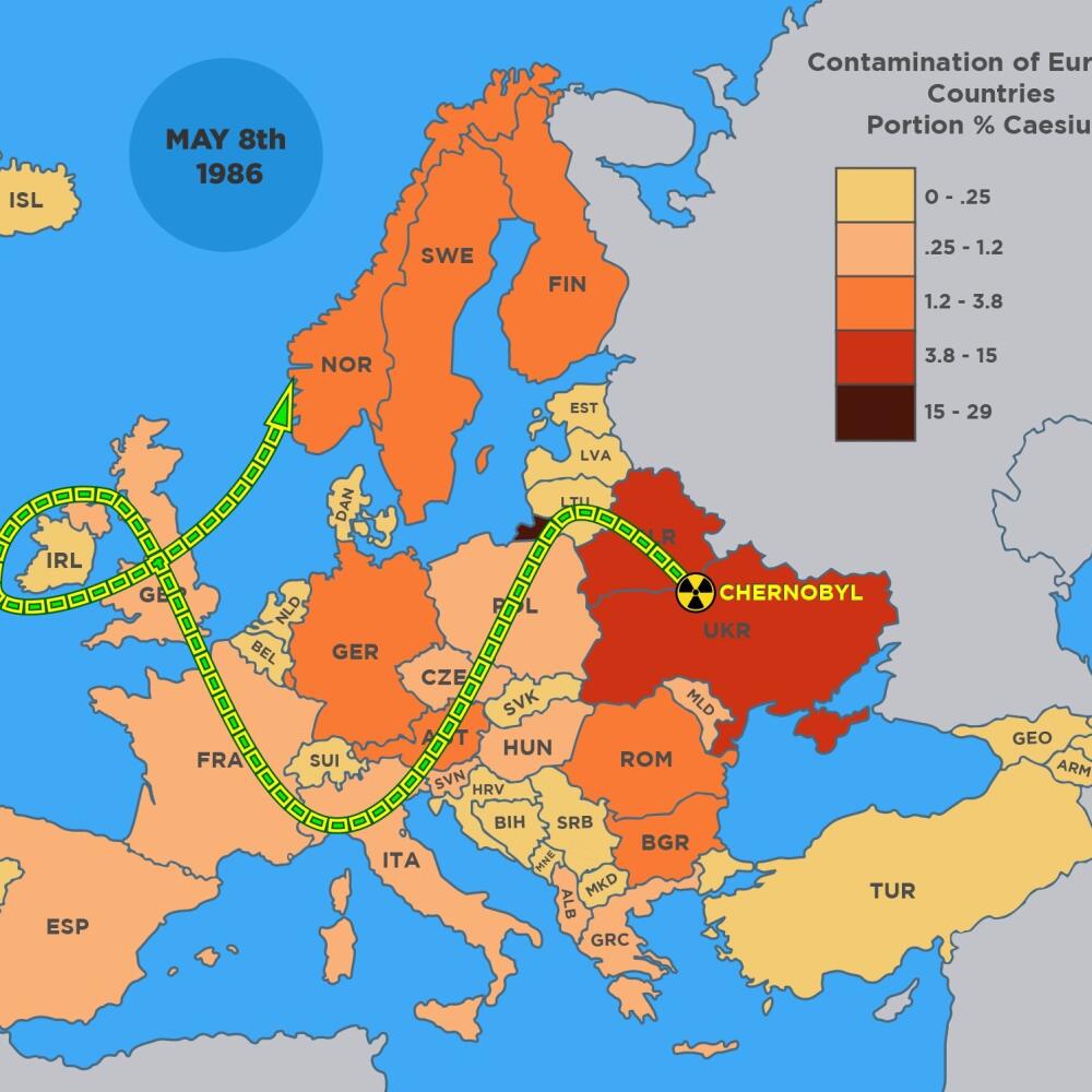 Mapa pohybu rádioaktívneho oblaku po Európe.