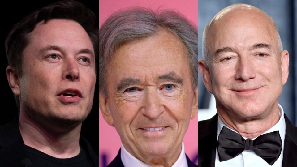 Najbohatší muží sveta, zľava Elon Musk (195 miliárd dolárov), Bernard Arnault (233 miliárd dolárov) a Jeff Bezos (194 miliárd dolárov).