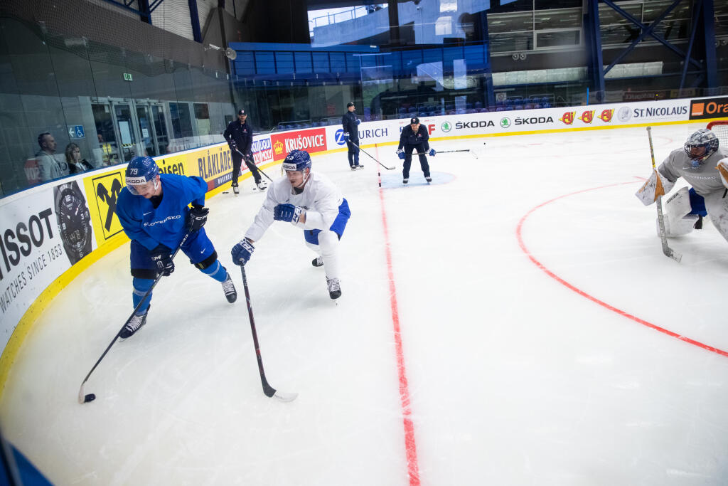 Na snímke Libor Hudáček a Dávid Bondra počas tréningu slovenskej hokejovej reprezentácie pred zápasom A skupiny Majstrovstiev sveta v ľadovom hokeji proti Kanade.