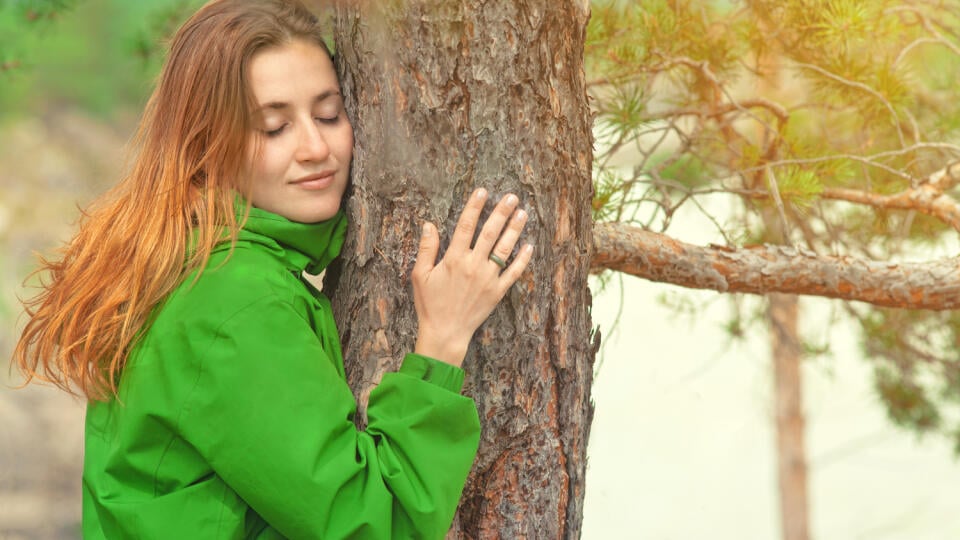 Woman,Hug,And,Kiss,A,Tree,Trunk.,Love,Nature,Concept.