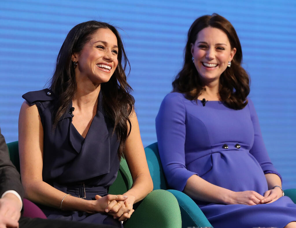 LONDON, ENGLAND - FEBRUARY 28: Meghan Markle and Catherine, Duchess of Cambridge attend the first annual Royal Foundation Forum held at Aviva on February 28, 2018 in London, England. Under the theme 'Making a Difference Together', the event will showcase the programmes run or initiated by The Royal Foundation. (Photo by Chris Jackson - WPA Pool/Getty Images)