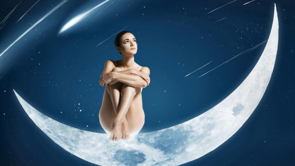 Healthy,Woman,Sitting,On,Shiny,Moon