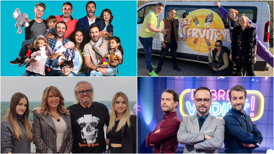 Zľava hore: Seriál Oteckovia (TV Markíza) a šou Bez servítky (TV Joj). Zľava dole: Geissenovci - Ťažký život milionárov (TV Joj) a šou Dobre vedieť! (TV Markíza)