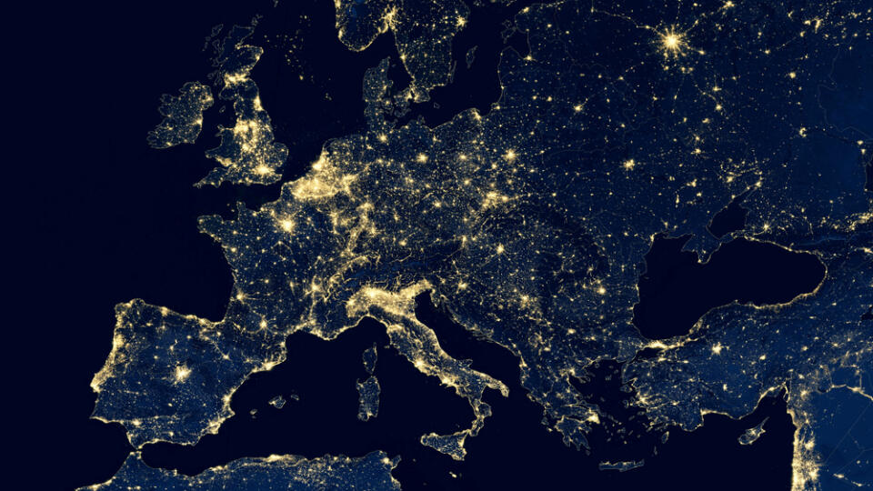 Europe,Map,In,Global,Satellite,Picture,,View,Of,City,Lights