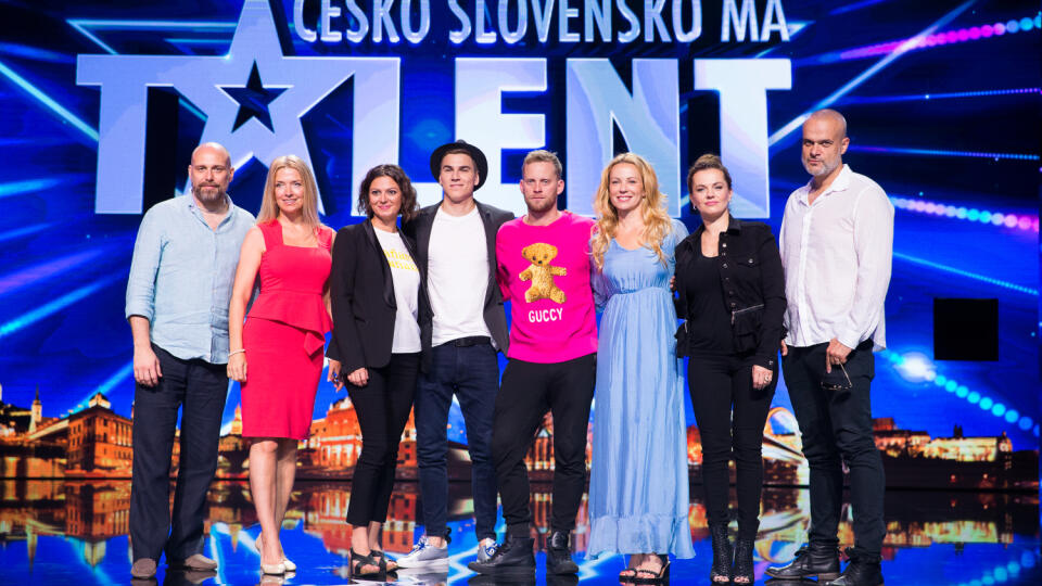 Tlačová konferencia k projektu Československo má talent 2018 v štúdiách televízie JOJ na Bratislavskej Kolibe. Na snímke Jeffo Minařík, Lujza Garajová Schrameková, David Gránsky, Jakub Prachař, Diana Mórová, Marta Jandová a Jaroslav Slávik.