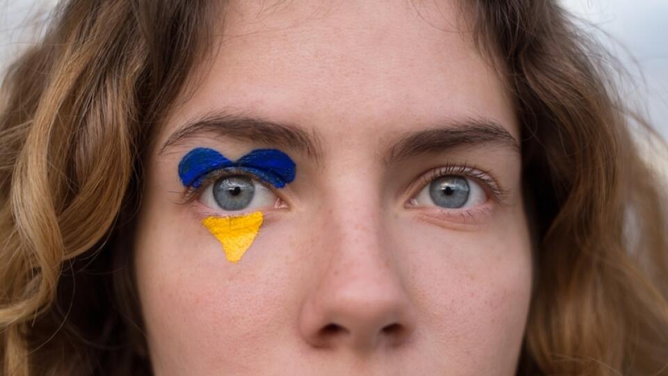 Female,Eyes,Close-up,With,A,Drawn,Flag,Of,Ukraine.,National