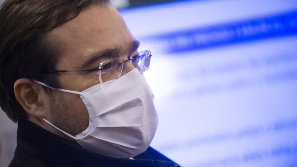 In the photo, the Minister of Health of the Slovak Republic Marek Krajčí (OżaNO) during a press conference on the topic New regime at the borders on 12 February 2021 in Bratislava.  PHOTO TASR - Jakub Kotian