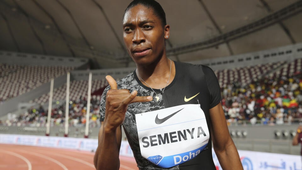 South Africa's Caster Semenya celebrates after winning the gold in the women's 800-meter final during the Diamond League in Doha, Qatar, Friday, May 3, 2019. (AP Photo/Kamran Jebreili)