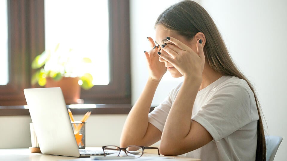 Tired,Ill,Female,Office,Worker,Massaging,Eyes,,Relieving,Stress,From