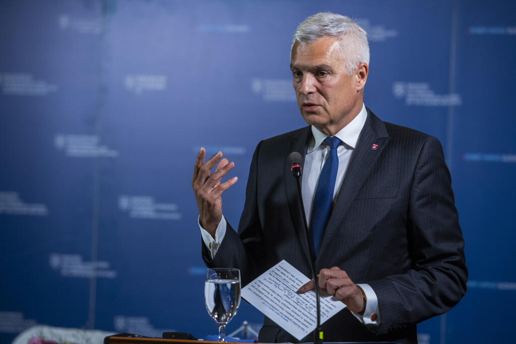 Na snímke minister zahraničných vecí a európskych záležitostí SR Ivan Korčok (nominant SAS) počas tlačovej konferencie po stretnutí s nemeckou šéfkou diplomacie Annalenou Baerbockovou v Bratislave 26. júla 2022. FOTO TASR - Jaroslav Novák