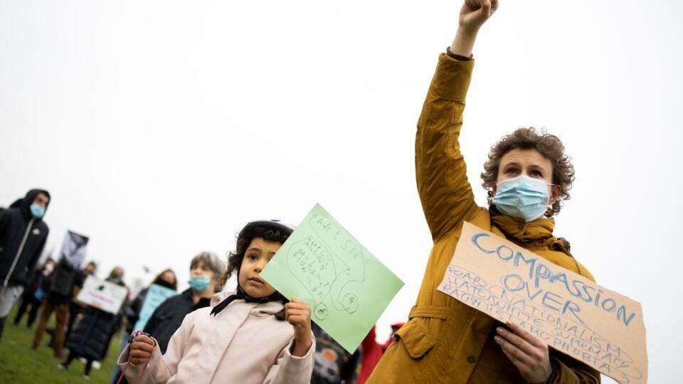 Demonstrators observe social distancing COVID-19 health protocols during an anti-fascism demonstration in Amsterdam, Netherlands, Sunday, Jan. 10, 2021