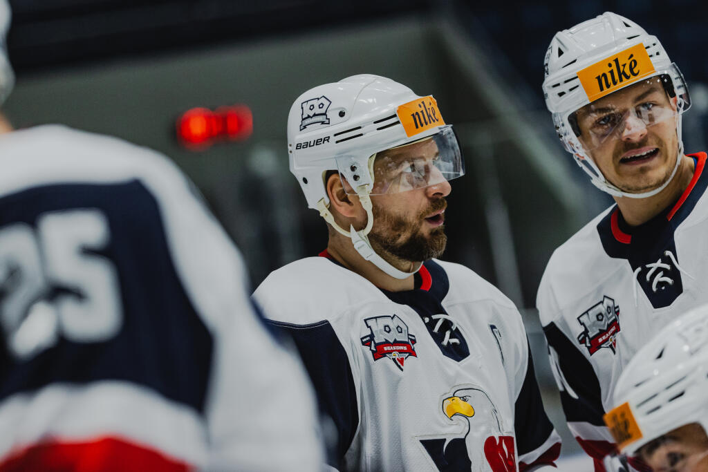 Na snímke Michal Sersen (Slovan) počas zápasu 11.kola základnej časti hokejovej Tipos Extraligy medzi HC Slovan Bratislava a HC Nové Zámky.