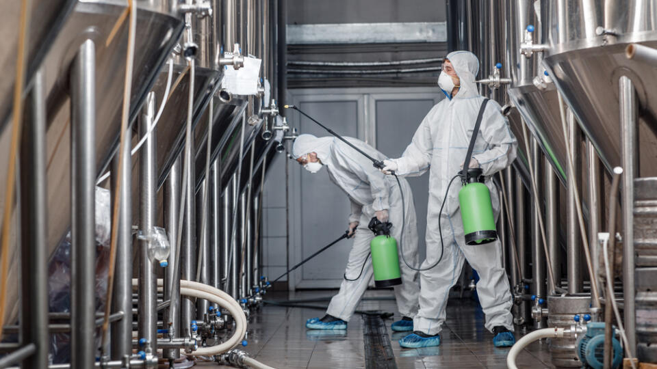 Craft,Brewery,,Eco,Product,And,Disinfection.,Workers,In,Hazmat,Suits