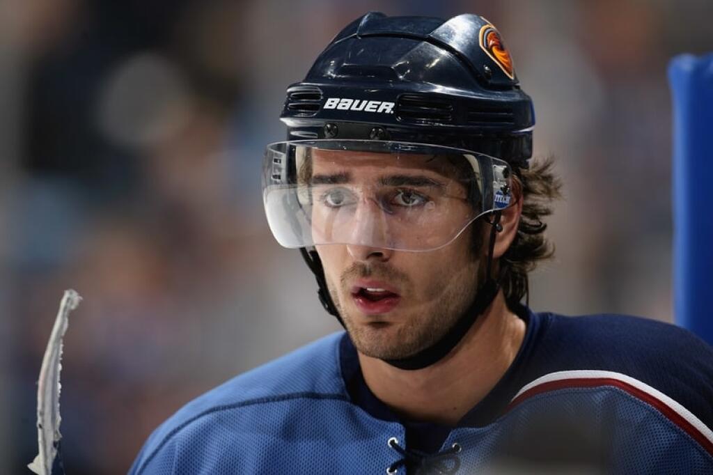 ATLANTA - SEPTEMBER 23: Boris Valabik #48 of the Atlanta Thrashers looks on during an NHL preseason game against the St. Louis Blues on September 23, 2006 at Philips Arena in Atlanta, Georgia. The Thrashers defeated the Blues 1-0. (Photo by Scott Cunningham/Getty Images)