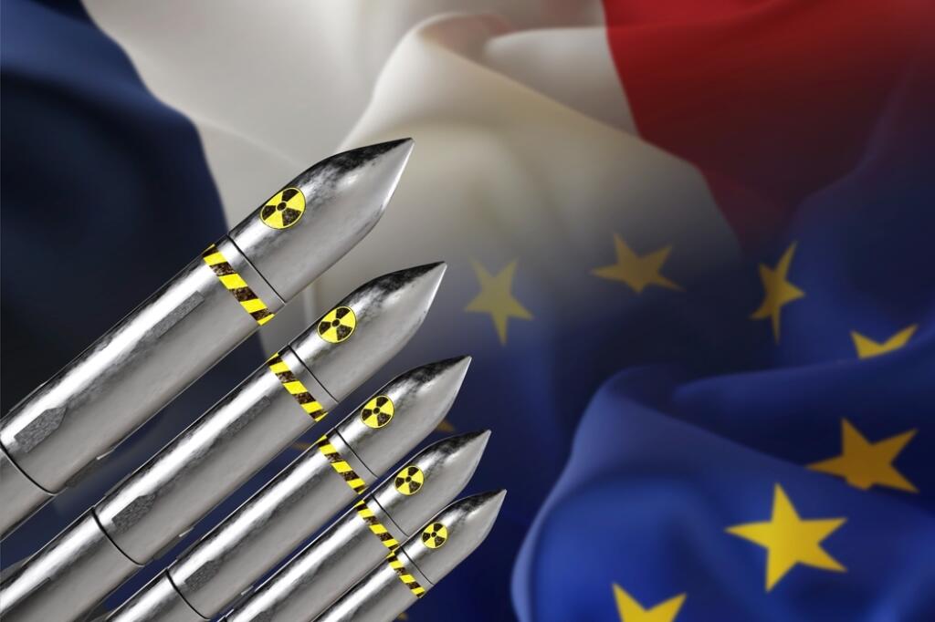 Nuclear,Missiles,On,Background,Of,France,And,European,Union,Flags.
