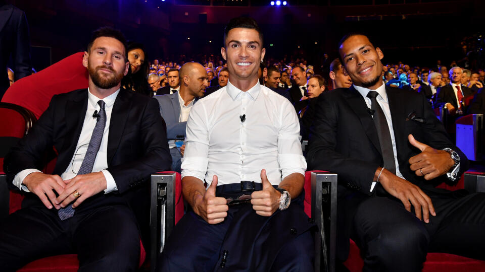 Zľava Lionel Messi, Cristiano Ronaldo a Virgil van Dijk.