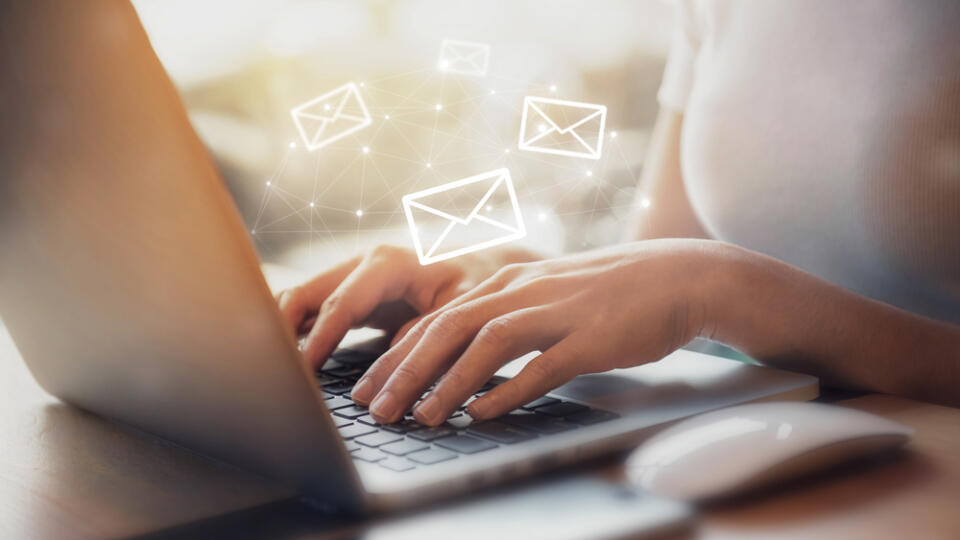 Closeup,Woman,Hand,Using,Laptop,Pc,With,Email,Icon,,Email