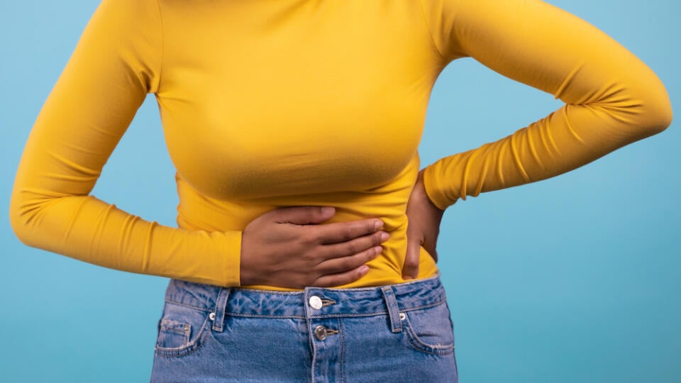 Woman,Squeezing,Belly,With,Hands,Because,Of,Abdominal,Pain.,Lady